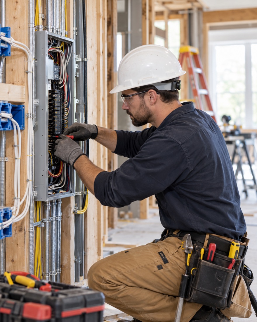 An electrician in a white hard hat working on a panel in a home under construction