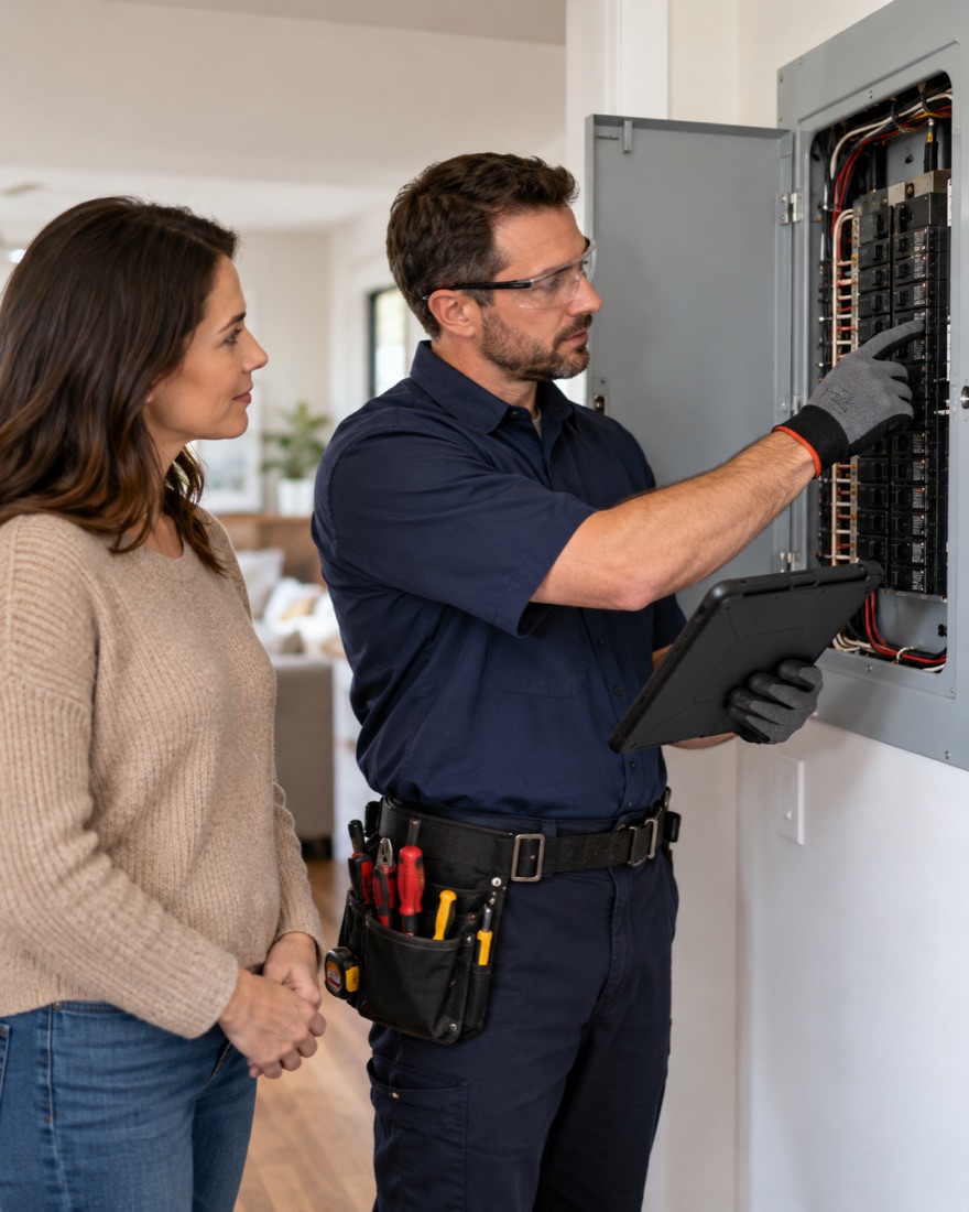 An electrician showing a homeowner the inside of an open electrical panel on a tablet