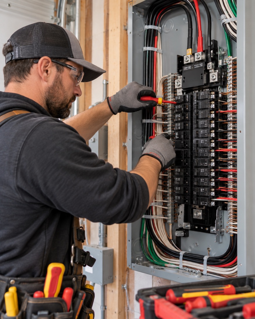 A bearded electrician in a cap wiring a large breaker panel with red-handled tools nearby