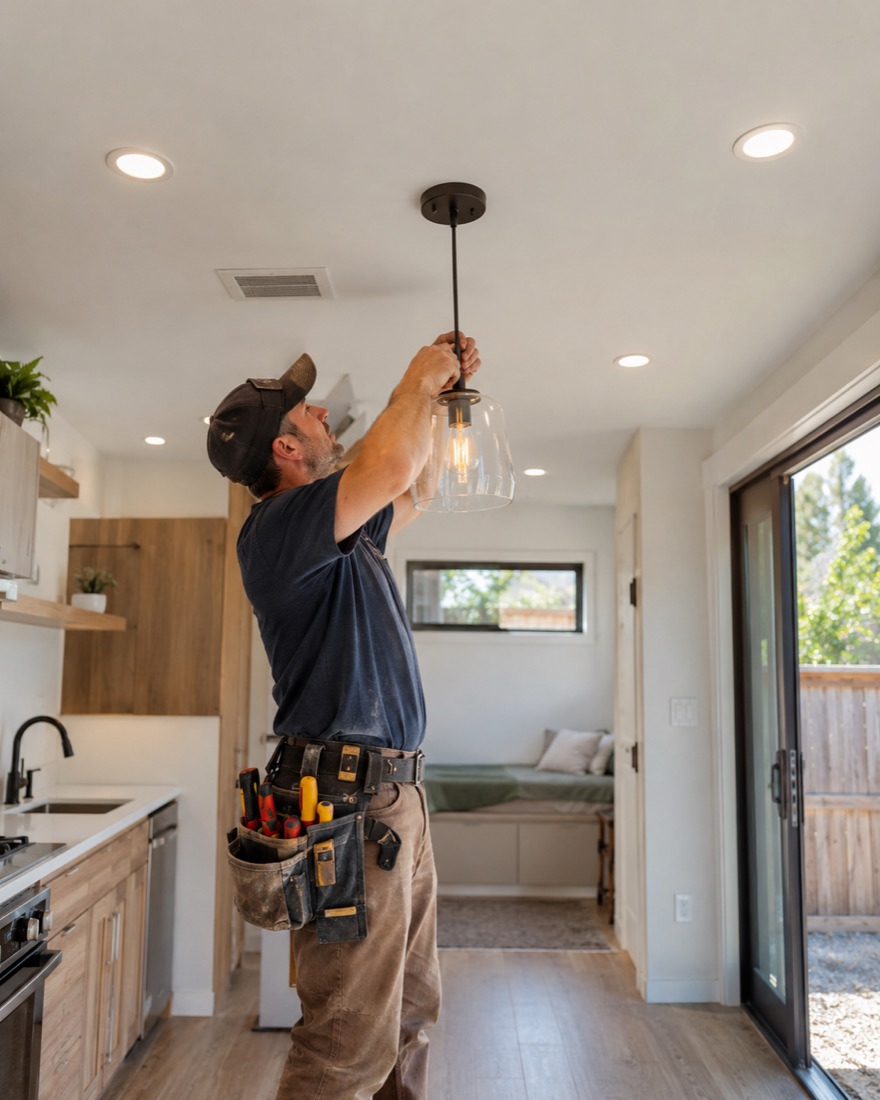 An electrician installing a pendant light in a bright small home with an open sliding door