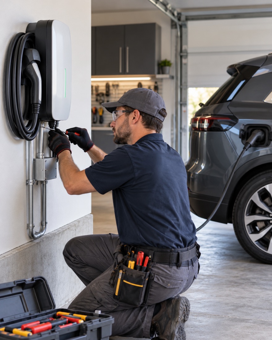 An electrician in a navy shirt installing a wall-mounted EV charger in a garage beside an SUV