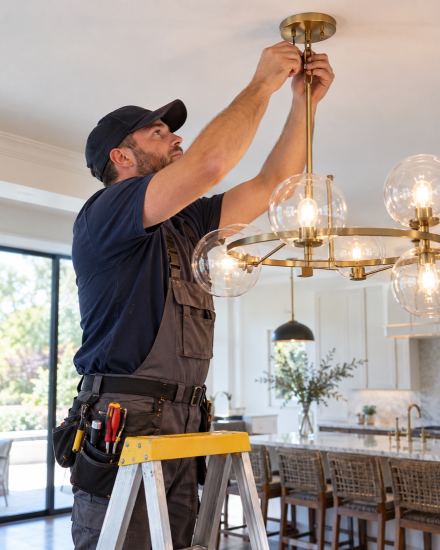 An electrician on a stepladder installing a brass globe chandelier over a dining area