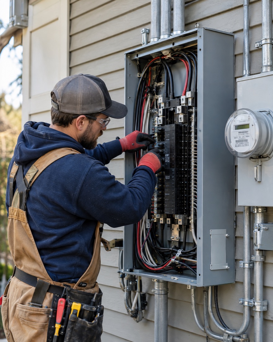 An electrician in overalls wiring a main electrical panel with a meter on a gray exterior wall