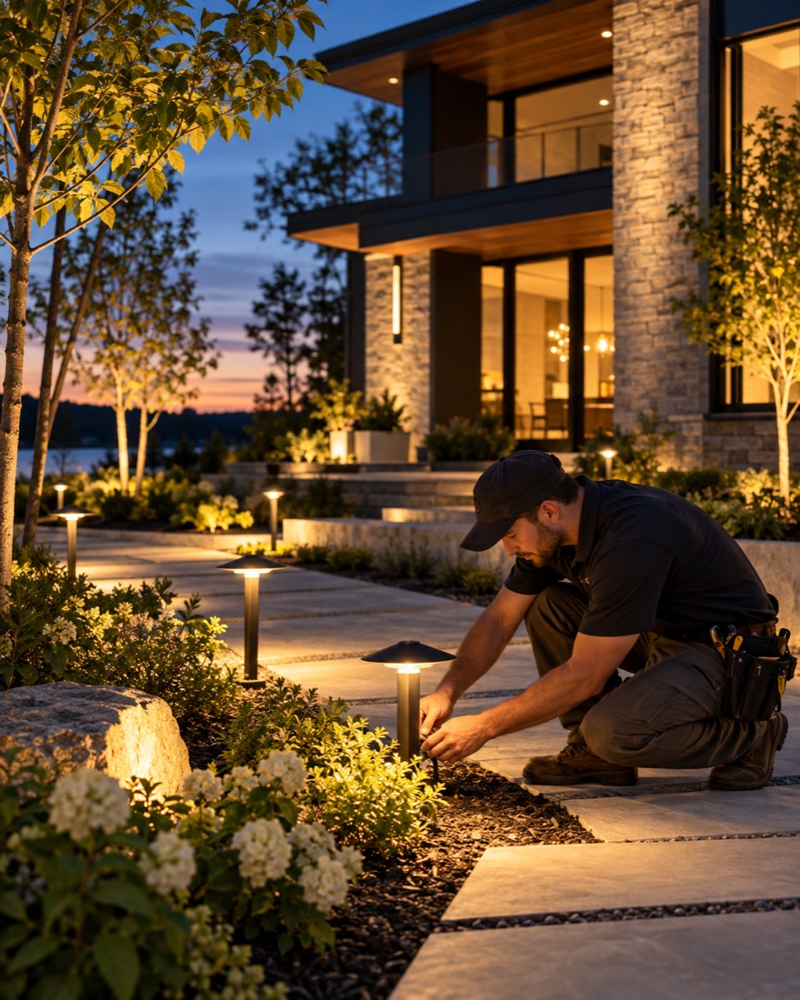 An electrician placing a low path light in a landscaped garden at dusk in front of a modern house