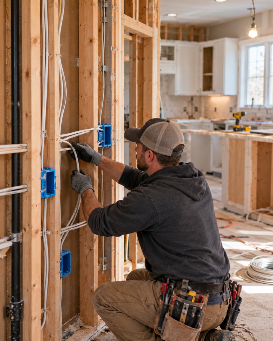 An electrician pulling wire through open wall studs and blue outlet boxes in a house being remodeled