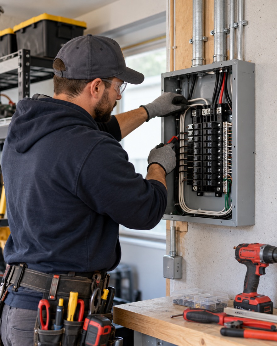 An electrician in a gray cap working on a sub panel mounted on a wall beside a workbench